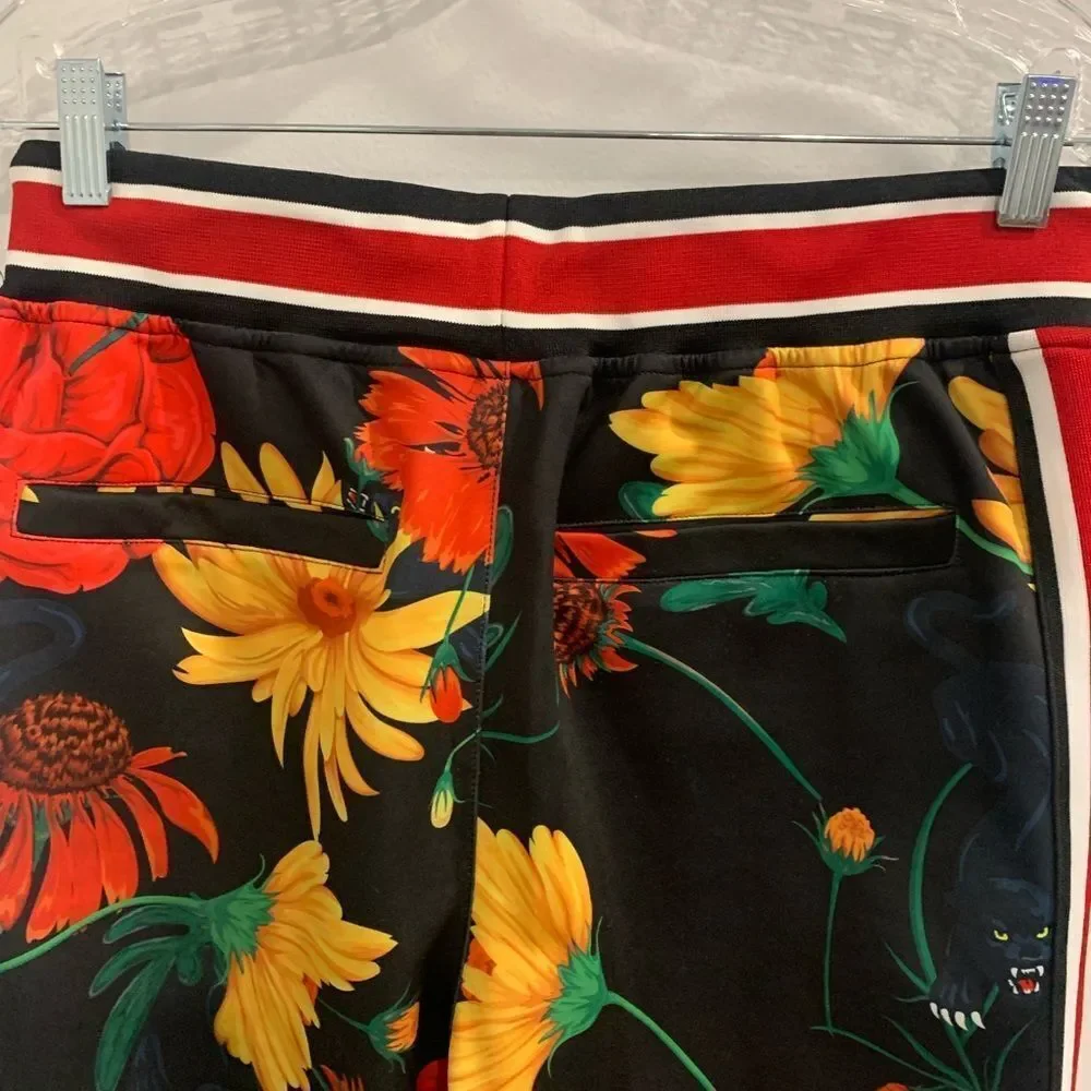 Reason Black and Red Floral Sweatpants with Sporty Stripes